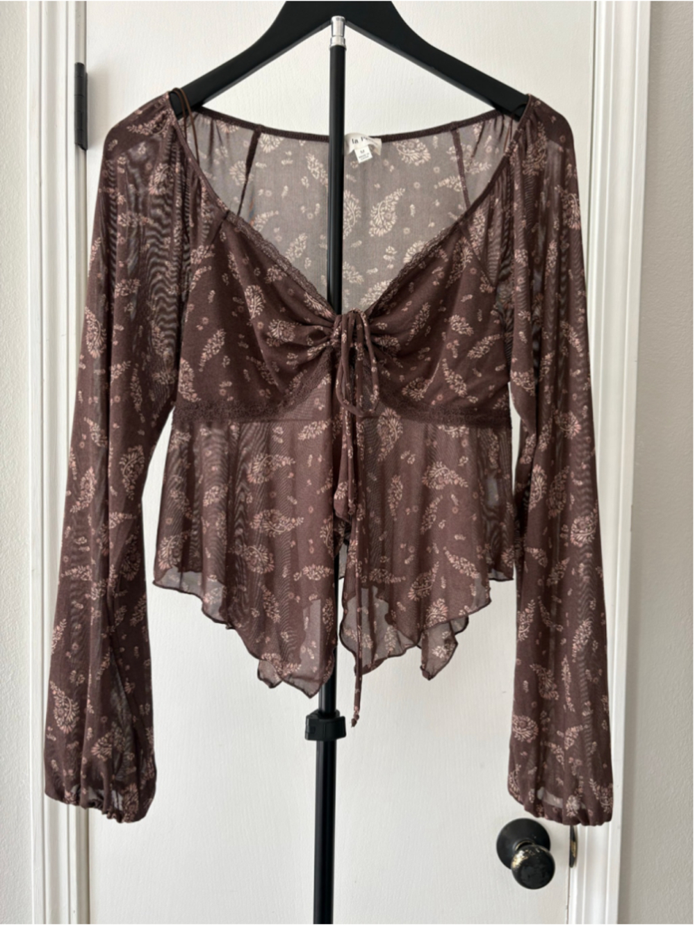 La Peche Y2K Brown Paisley Mesh Top M Sheer Bell Sleeve Tie Front Boho